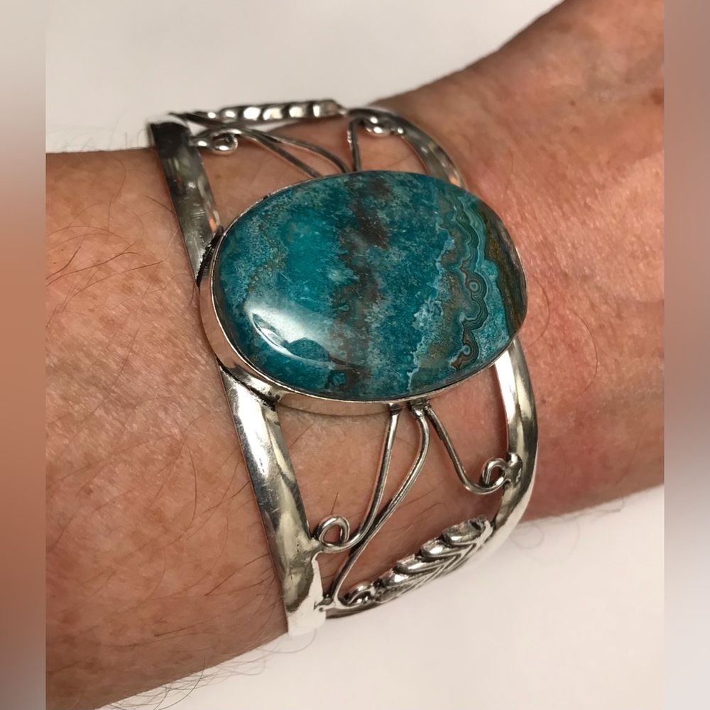Chrysocolla Stamped 925 Sterling Silver Cuff Bracelet